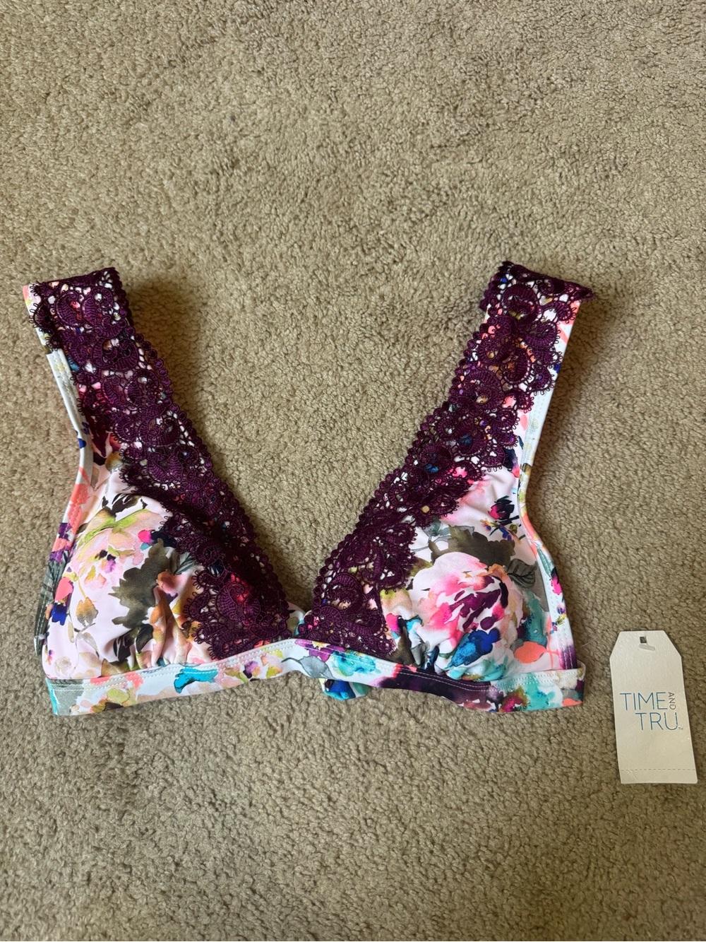 Time and Tru Floral Bikini Top with Deep Plum Lace